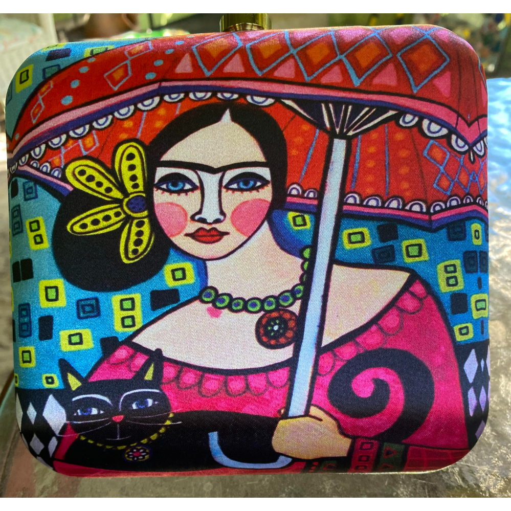 Frida Kahlo w/ Umbrella Clutch Bag w Gold Frame & Crystal Clasp