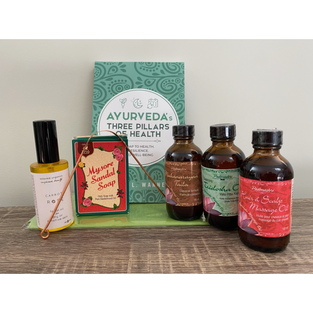 Ayurvedic self-care basket donated by Mona Warner, Certified Ayurvedic Practitioner and Friend of Rotary 