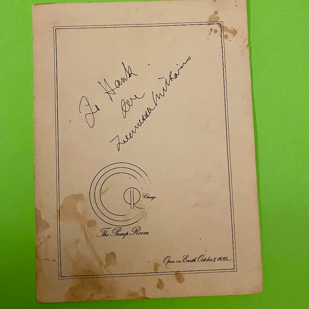 Pump Room Menu signed by American Playwright and Screenwriter Tennessee Williams