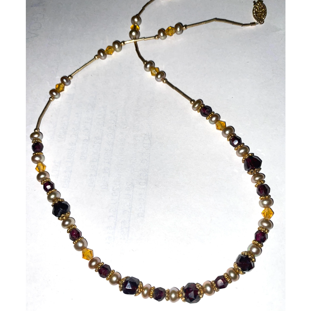 Garnet & Champagne Pearl with Gold Necklace