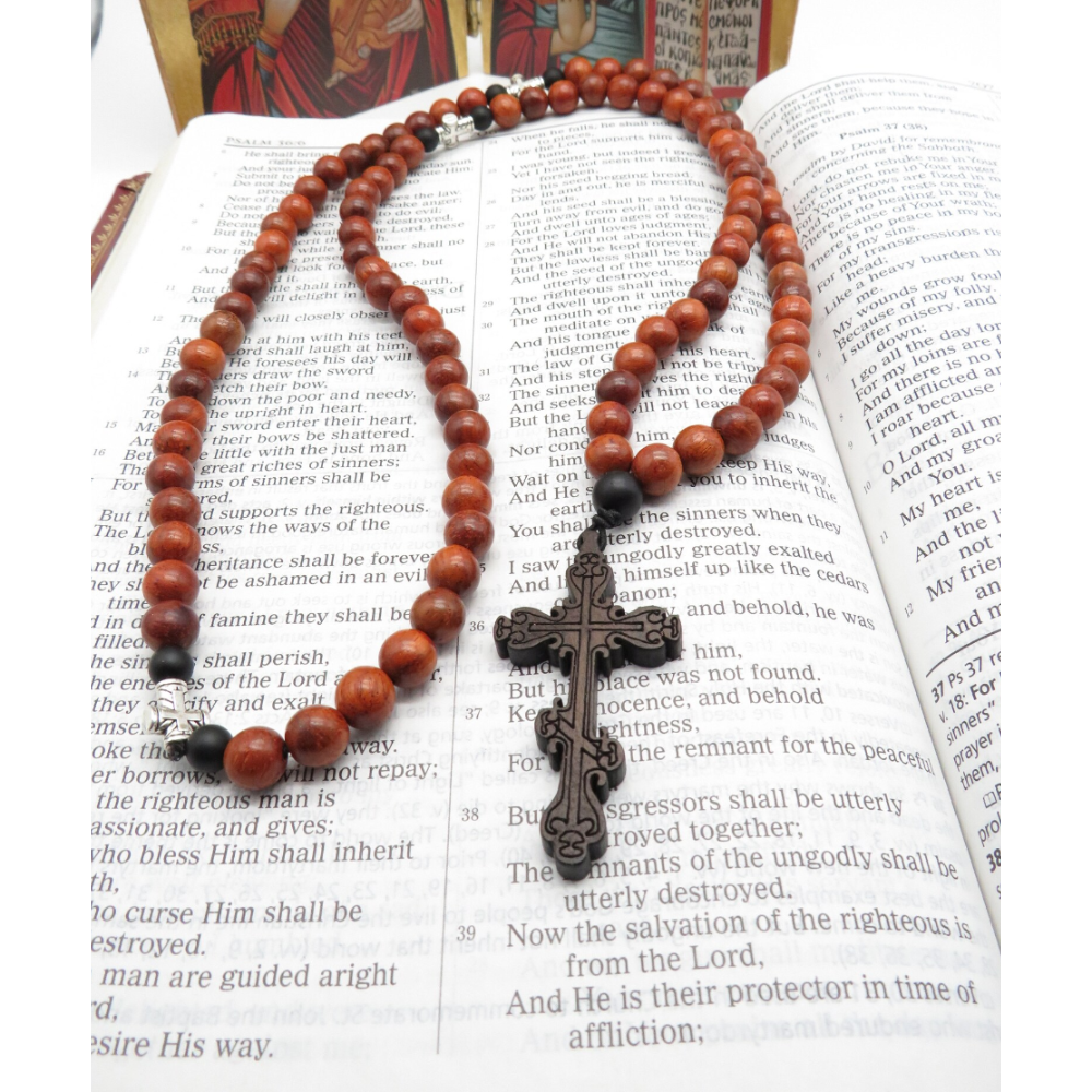 Orthodox 100 Rosewood Bead Prayer Rope with Byzantine Wooden Cross