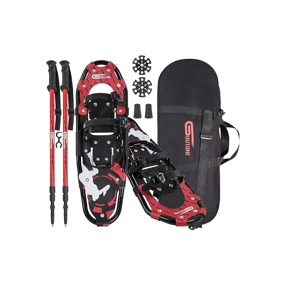 Goutone21/25/30 Inches Light Weight Snowshoes for Adult Women Men, Aluminium Alloy Terrain Snow Shoes for Hiking and Heel Lift Riser for Mountaineering with Trekking Poles and Carrying Tote Bag