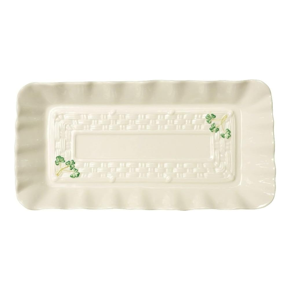Belleek Classic Pottery White Tray with Painted Green Shamrocks 12.6 Inch
