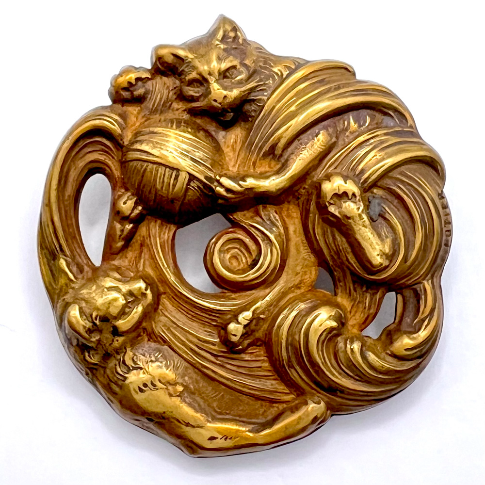 RARE extra large brass openwork button of cats playing.