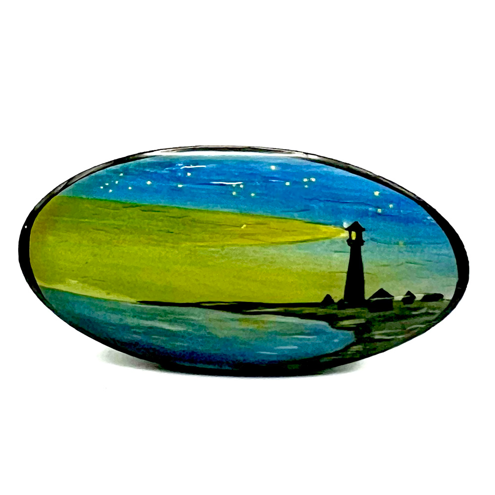 Large oval Russian lacquer button of lighthouse.