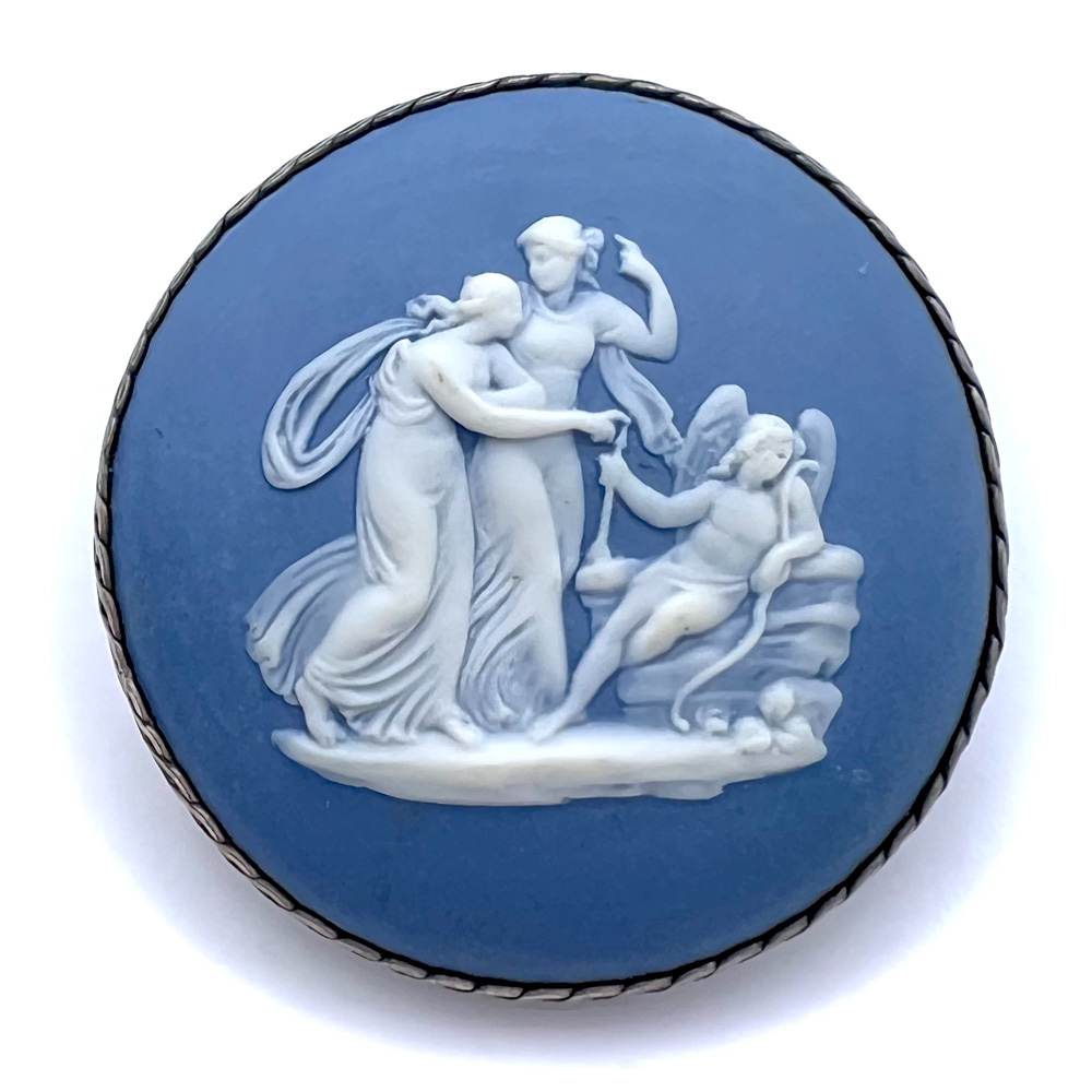 EXTRA LARGE Wedgwood of cupid interacting with a couple button.
