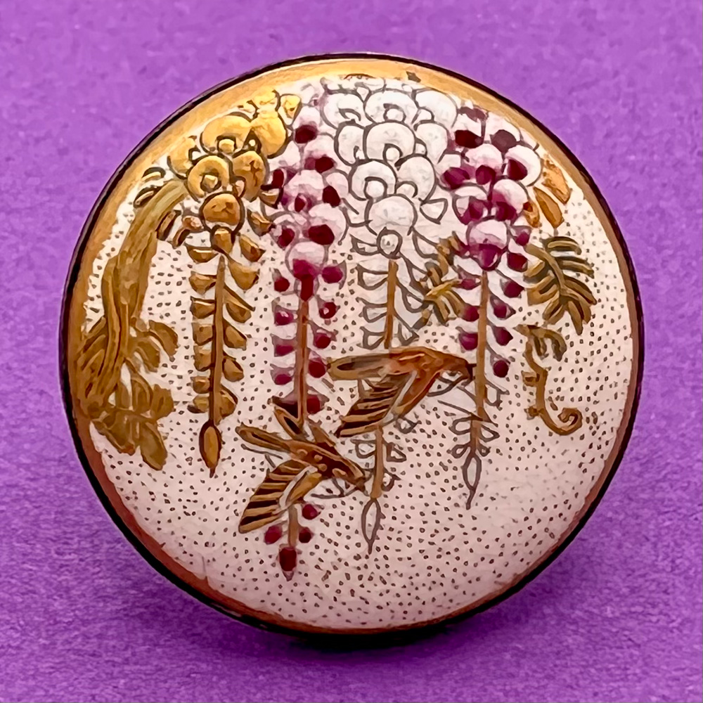 Older large Japanese satsuma button set in metal of wisteria with birds.