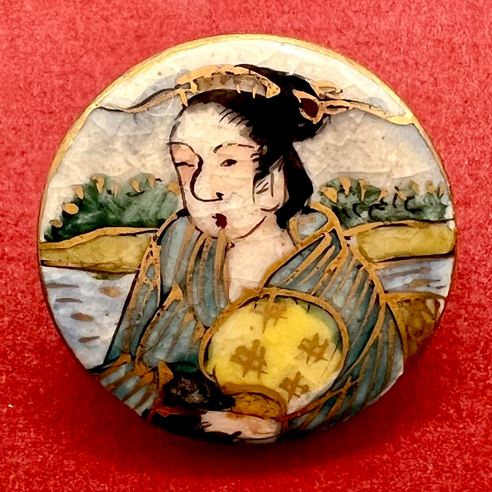 Woman with a fan Japanese Satsuma button.