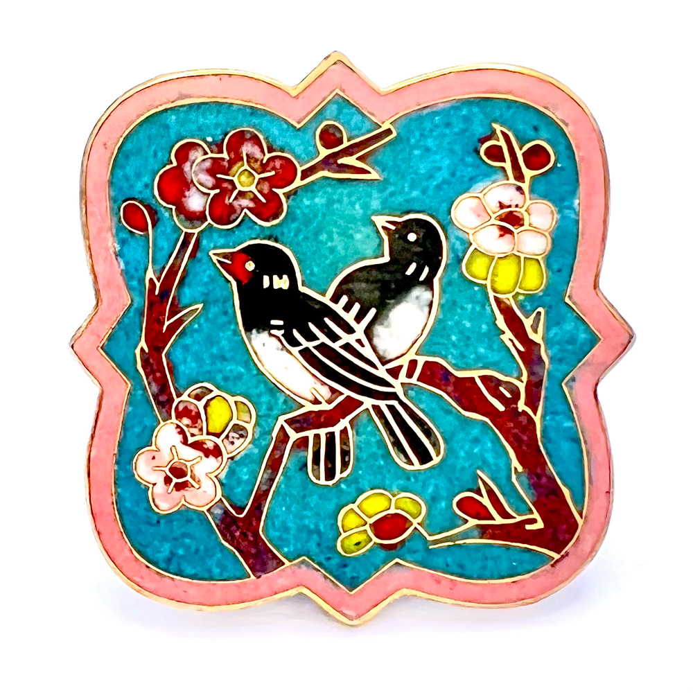UNUSUAL shape Champlevé enamel button of two birds in a cherry tree.