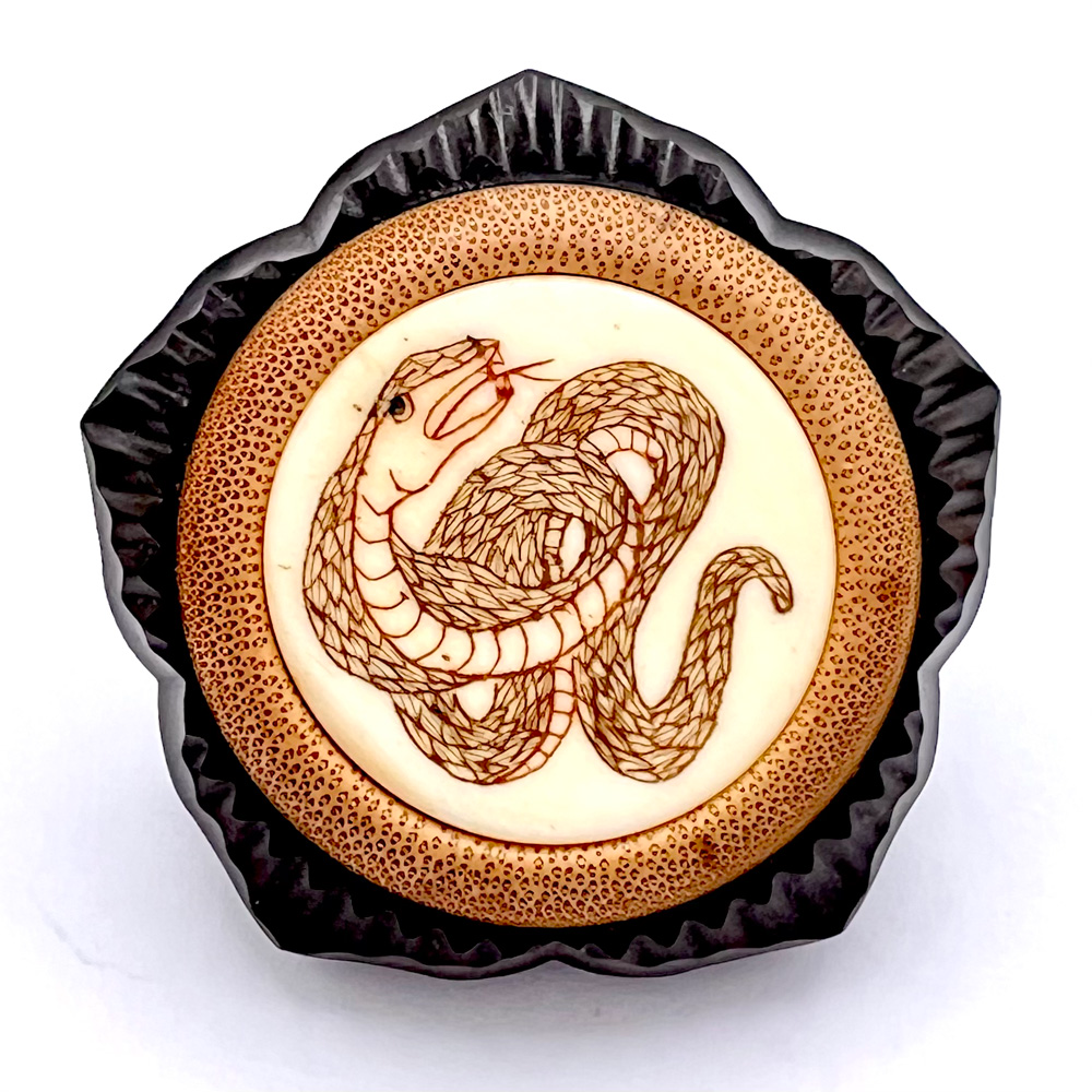 Studio button of snake by Jon Sauer.