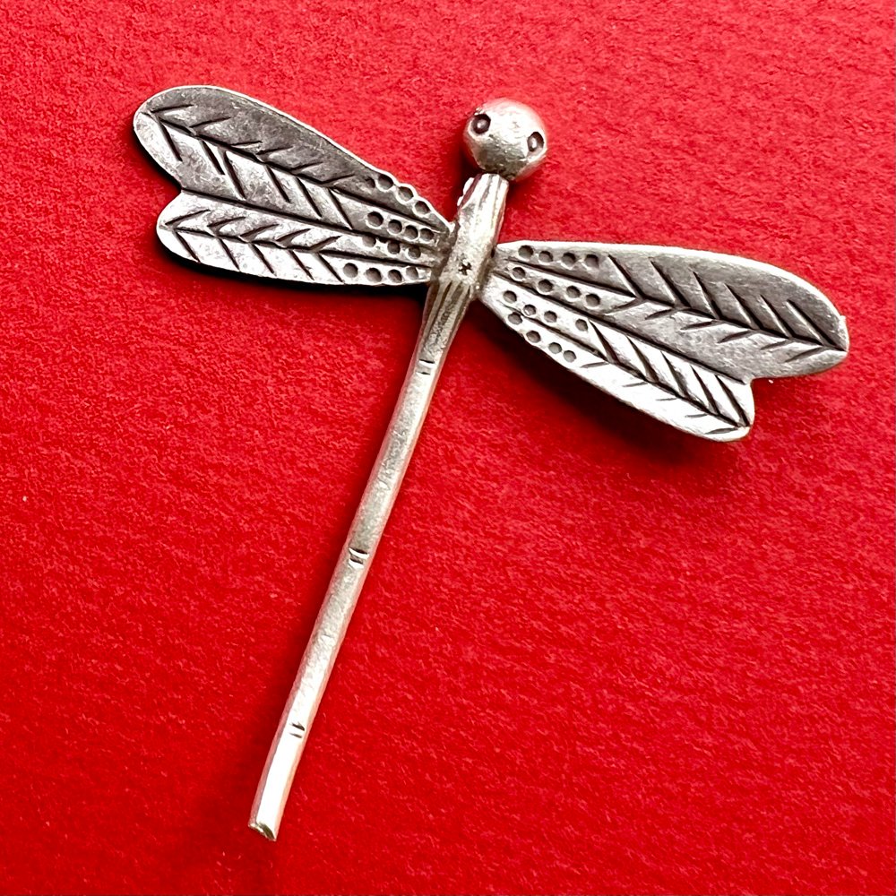 Realistic dragonfly white metal button.