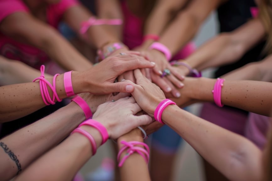 Group of people putting their hands together wearing fundraiser bracelets-1