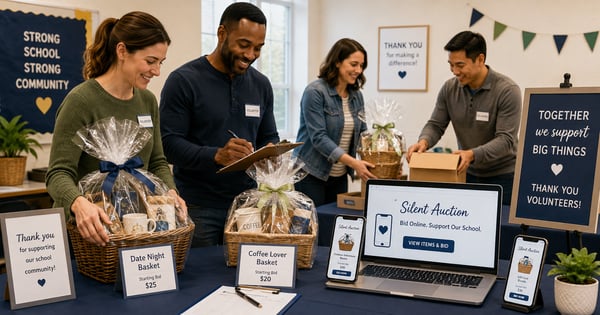 School PTO volunteers organizing an online and in-person silent auction