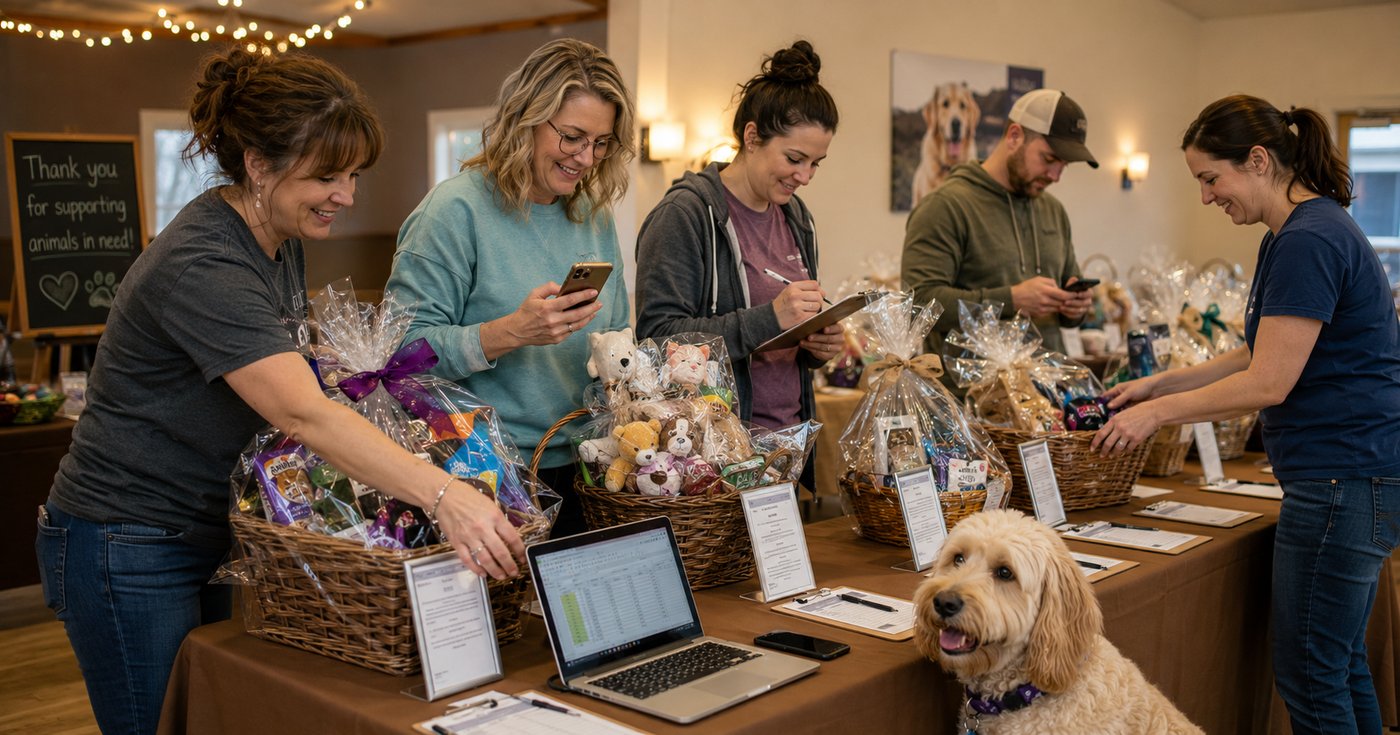 Animal rescue volunteers organizing donated items for a silent auction fundraiser